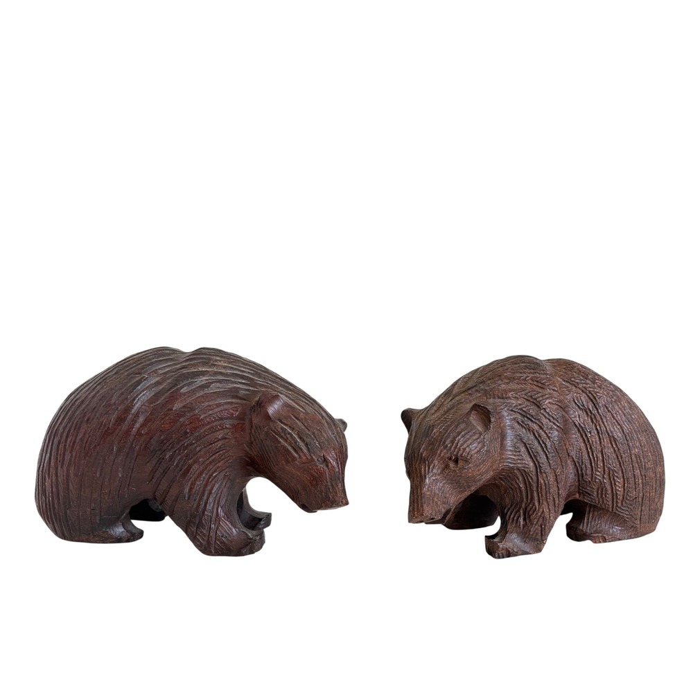 Hand Carved Wood Bear Figurine Pair Set 2 Brown Rustic Cabin Decor